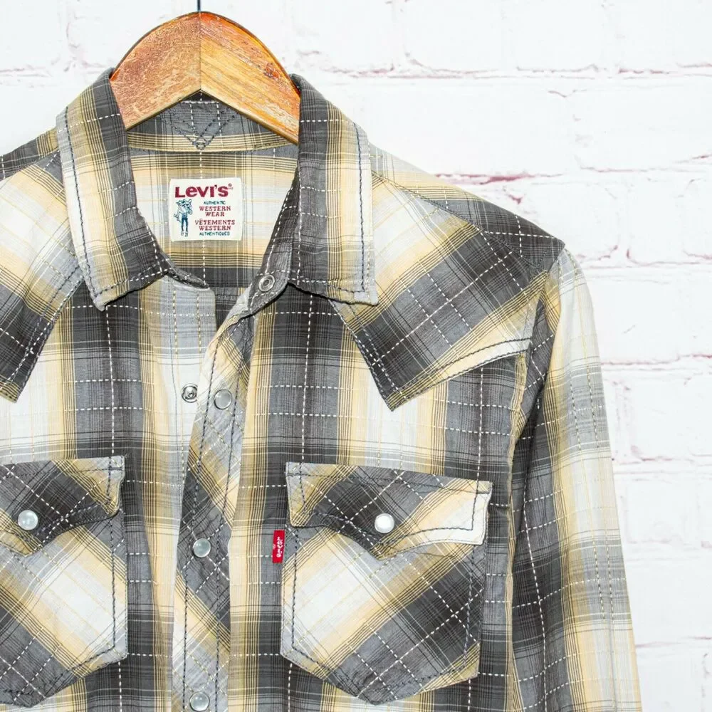 Levi's Men's Western Pearl Snap Shirt Gray Beige Plaid Size Small